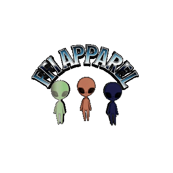 FFI APPAREL logo — three aliens beneath a chrome wordmark, rotating